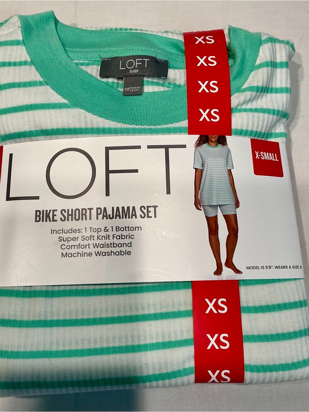 LOFT Striped Green & White Bike Short Pajama Set